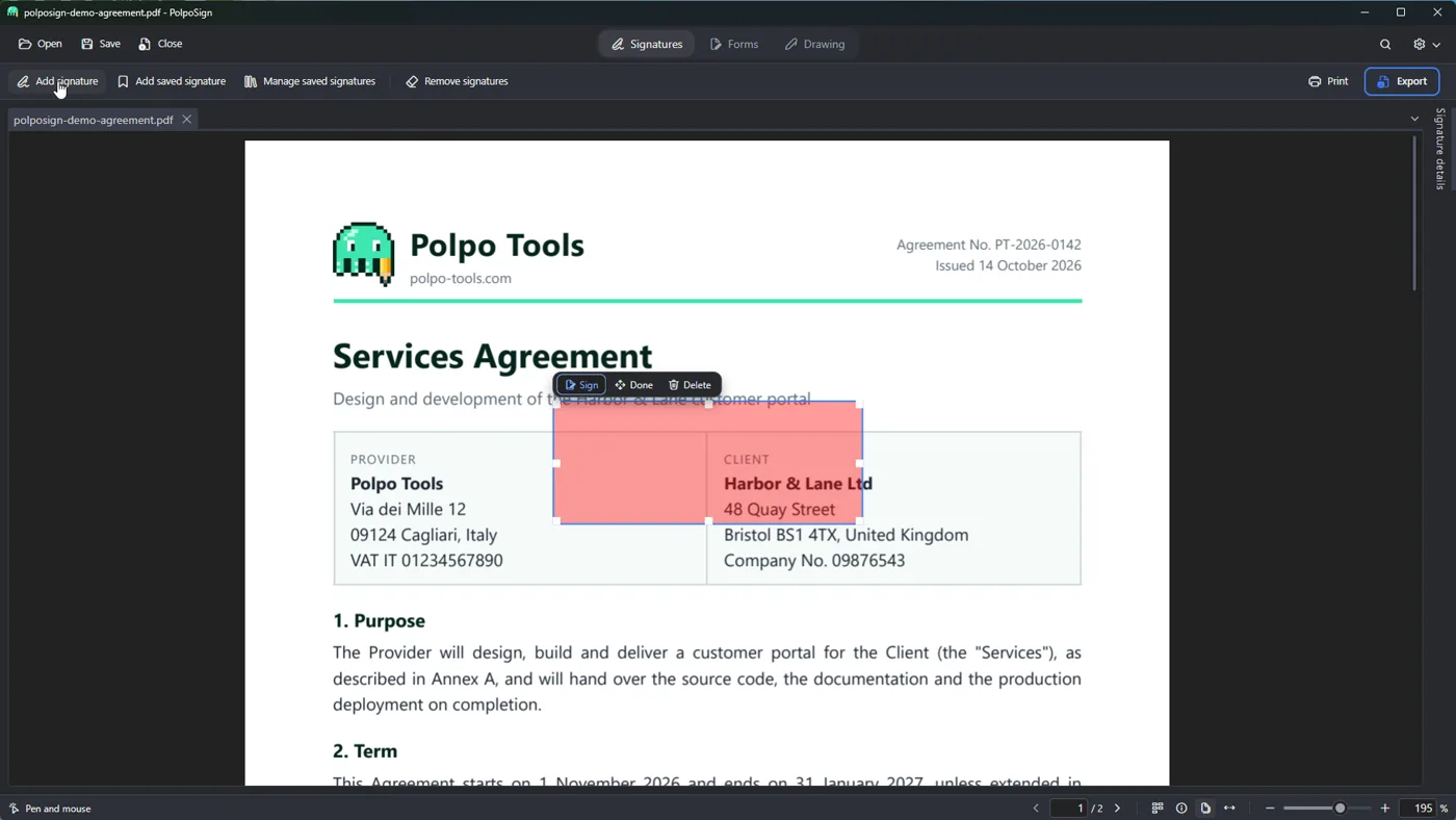 Un riquadro firma sulla prima pagina, con i pulsanti per firmare, finire ed eliminare sopra